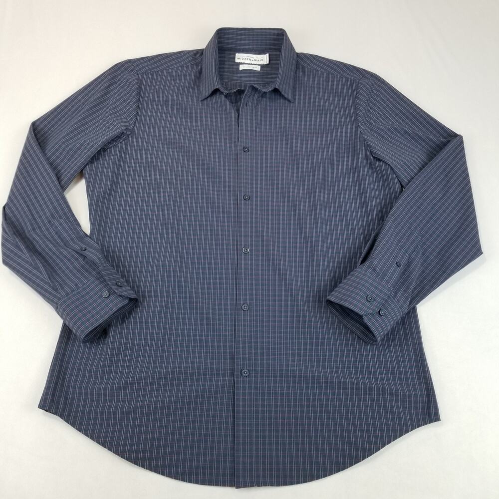Mizzen+Main Leeward Shirt Mens 2XL Blue Plaid Trim Fit Stretch Dress Long Sleeve